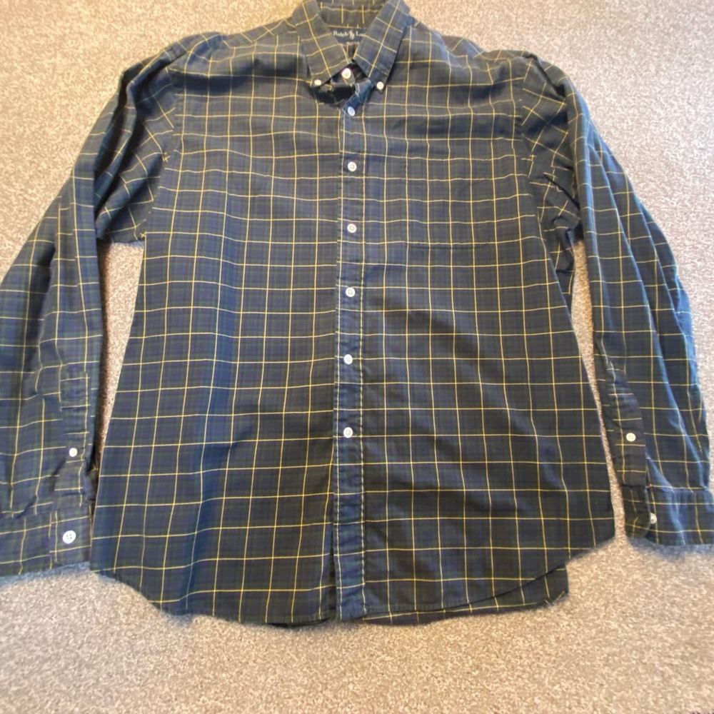 Ralph Lauren Mens XXL Custom Fit Plaid Button Down Shirt Blue Green Two-ply 100s